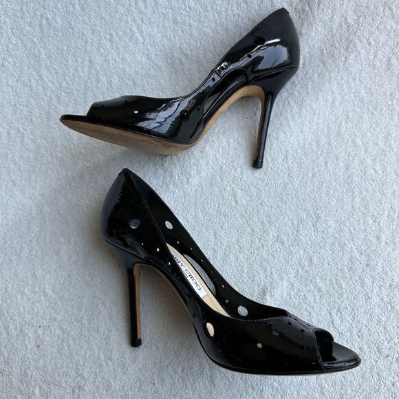Jimmy Choo London Black Women's 36.5 US 6.5 Patent Leather Dorsay Pumps Peep Toe - Picture 3 of 9